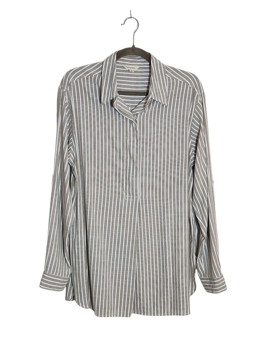 Max Studio Khaki and White Stripe Tunic Blouse Size Large